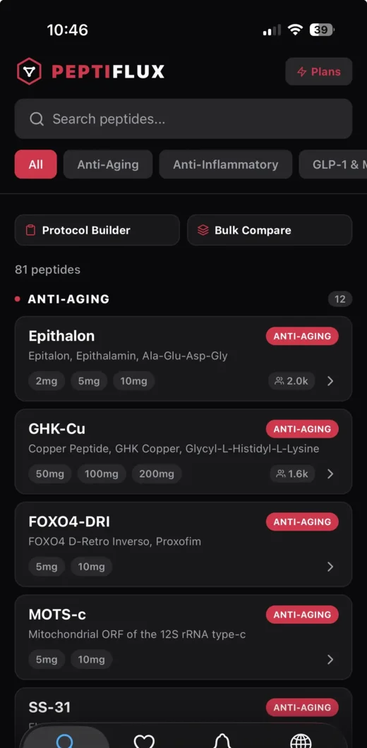 Peptiflux app home screen